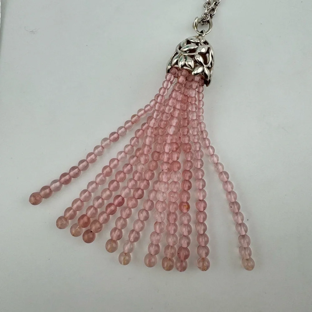 RARE Tiffany & Co. Olive Leaf Rose Quartz Tassel Necklace Sterling Silver 28